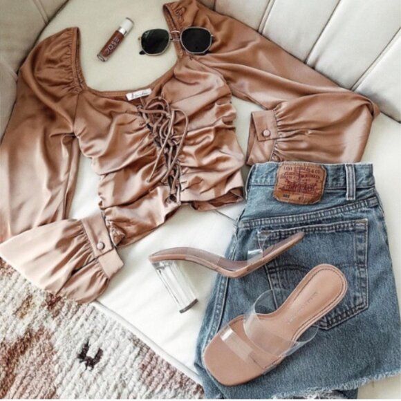 Starlow Brown Front Tie Long Sleeve Crop Top Size X-Small - Picture 3 of 9